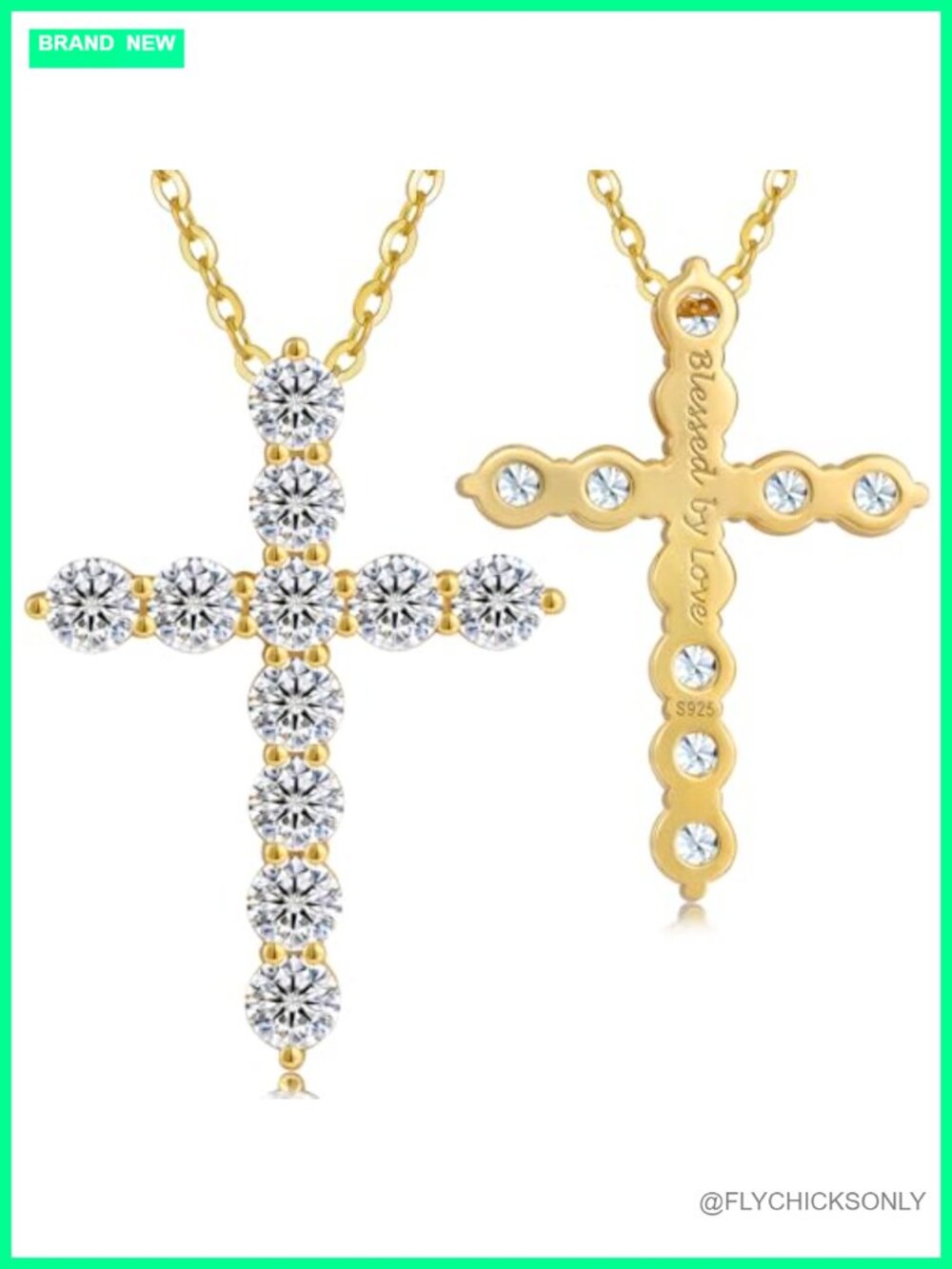 Moissanite Cross Necklace 14K Gold Plated 925 Sterling Silver Chain Pendant